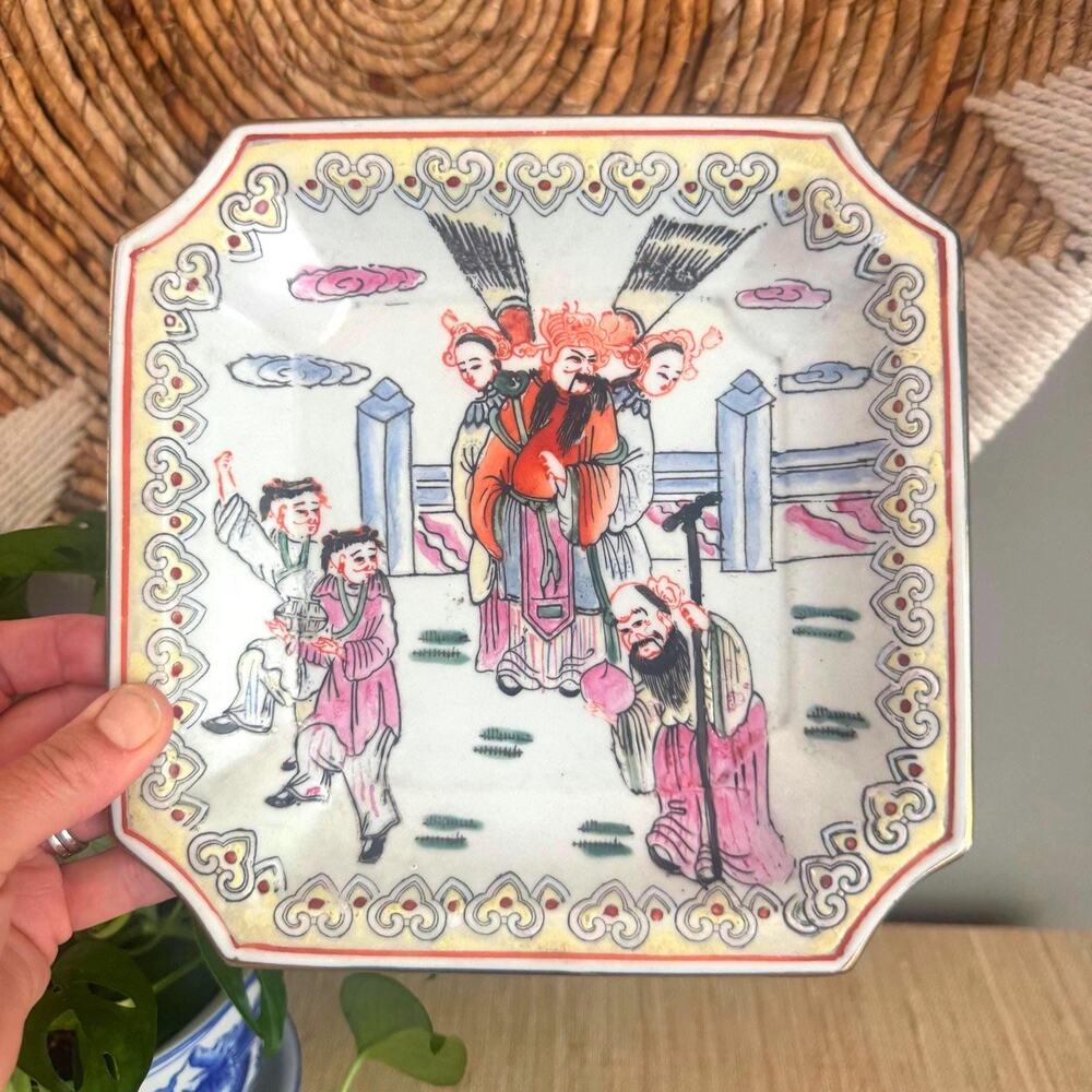 Vintage Chinoiserie Macau Square Porcelain Plate, Handpainted Tray